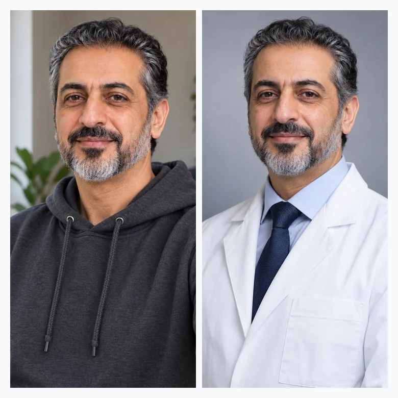 The same man shown as a doctor, a lawyer, and a professional in a suit