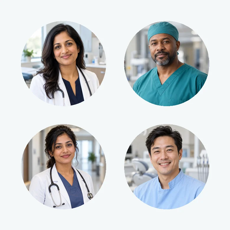 AI doctor headshots of male and female physicians in white and pink coats