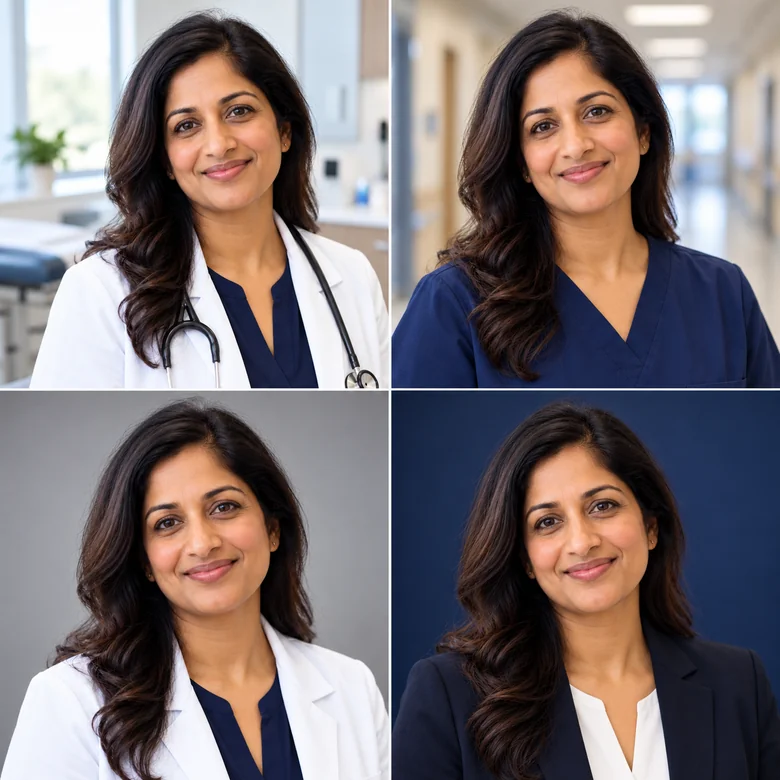 Several AI doctor headshots of the same woman in white, pink, and blue coats