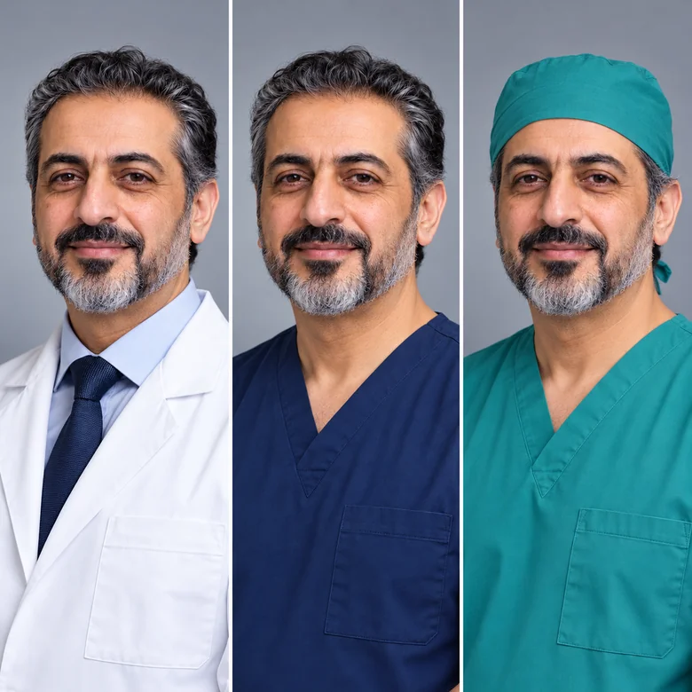 One man shown in pink scrubs, a blue coat, and a lavender coat after AI doctor headshot editing