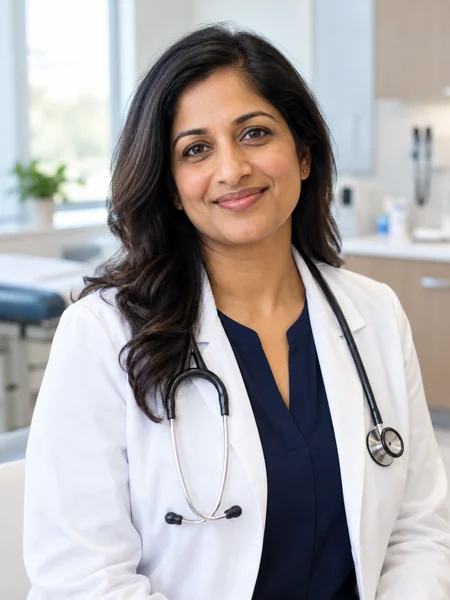 Female physician headshot in a white coat with a stethoscope on a gray backdrop