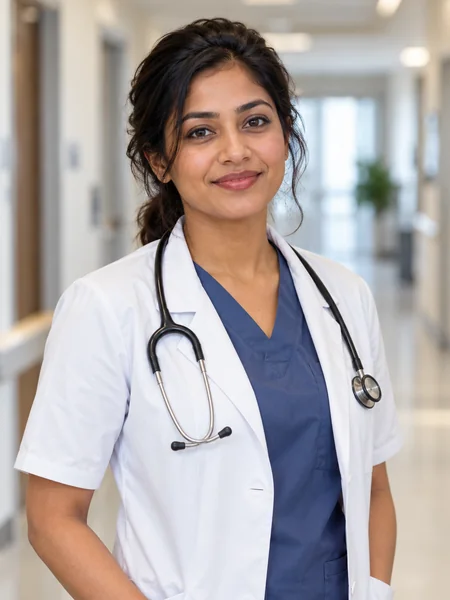 AI doctor headshot of a woman in a white coat over navy scrubs in a hospital corridor