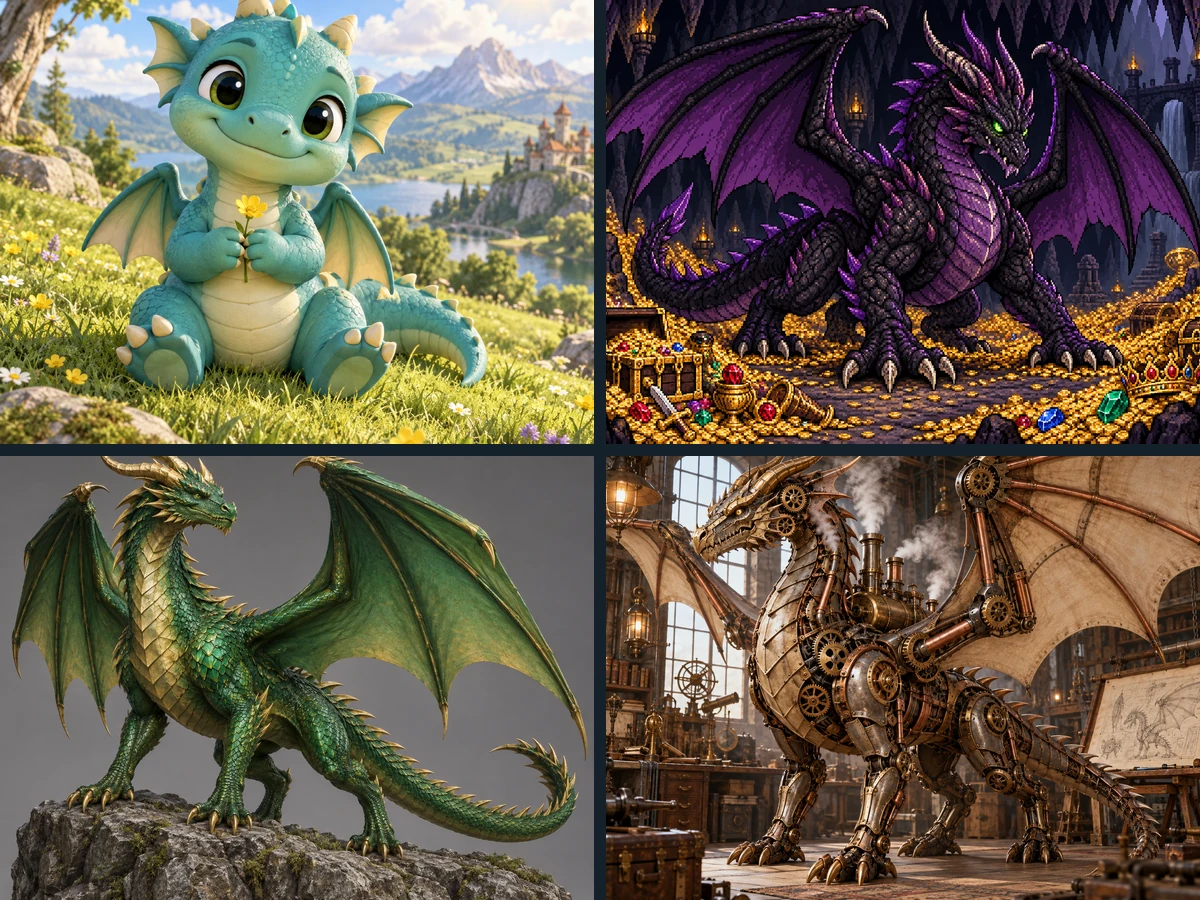 The same dragon idea in cute, pixel art, 3D, and steampunk styles