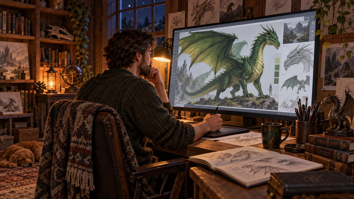 Artist designing a green dragon on a computer screen in a cozy studio