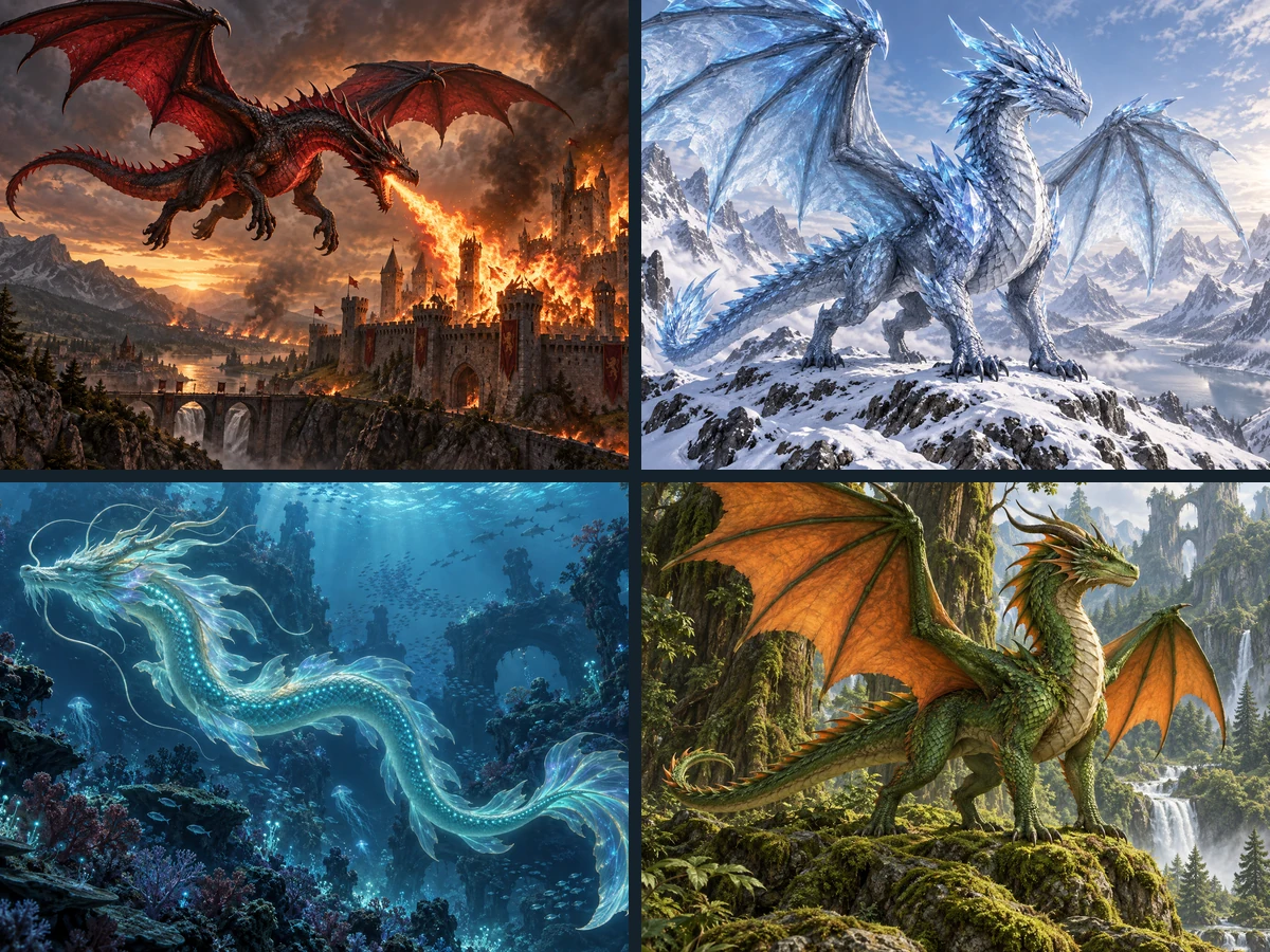 Four AI generated dragons: fire, ice, water, and earth elements