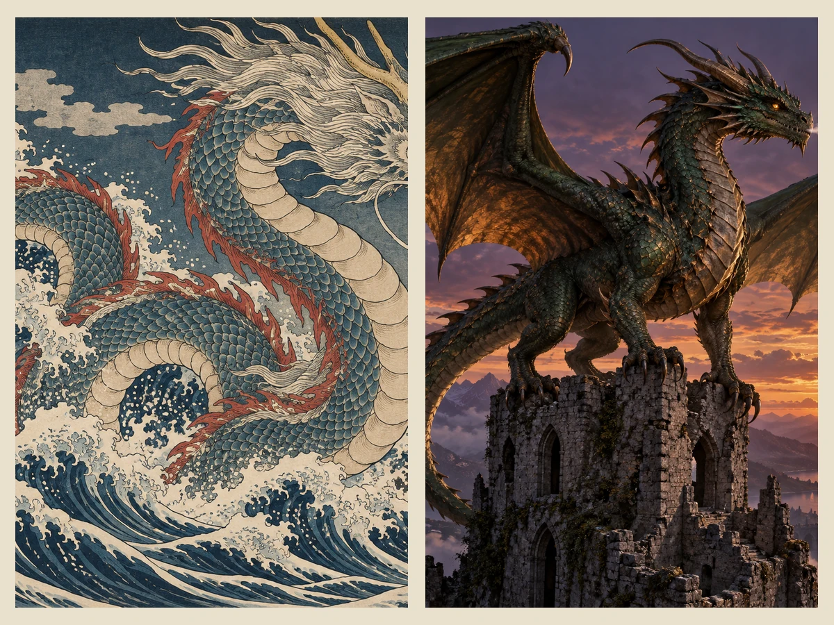 An Eastern dragon in ink-painting style next to a Western dragon in fantasy painting style