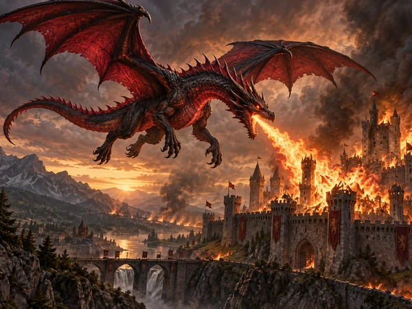 AI generated fire dragon with ember-red wings flying past a burning castle