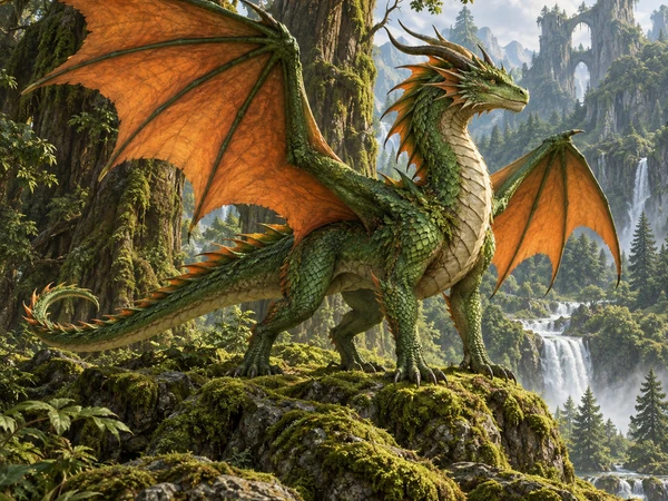 Green forest dragon with orange wings standing on a mossy rock