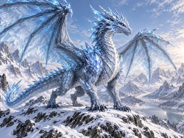 Blue ice dragon with crystal spikes on a snowy mountain ridge