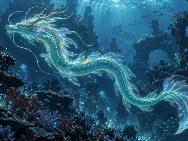 Bioluminescent blue sea dragon gliding through a dark ocean with glowing coral