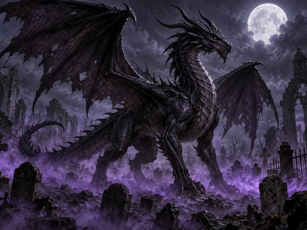 Black shadow dragon with torn wings in a moonlit graveyard