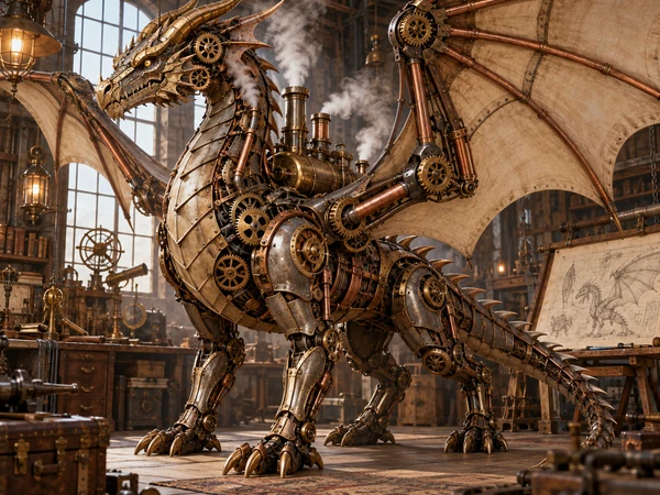 Golden steampunk dragon made of brass gears and riveted plates