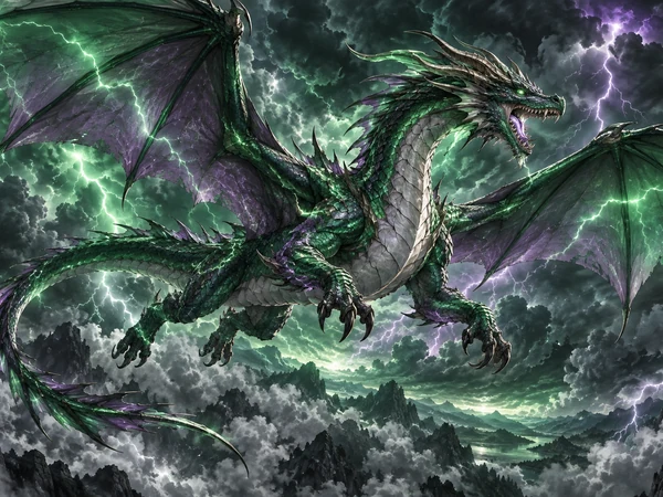 Green storm dragon flying with lightning crackling around it