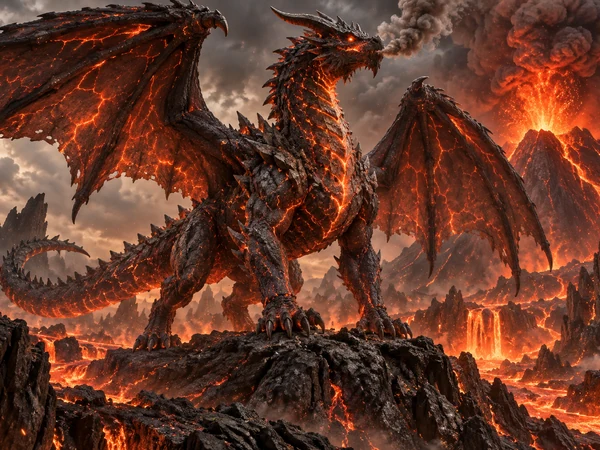 Magma dragon with glowing lava cracks standing in an erupting volcano