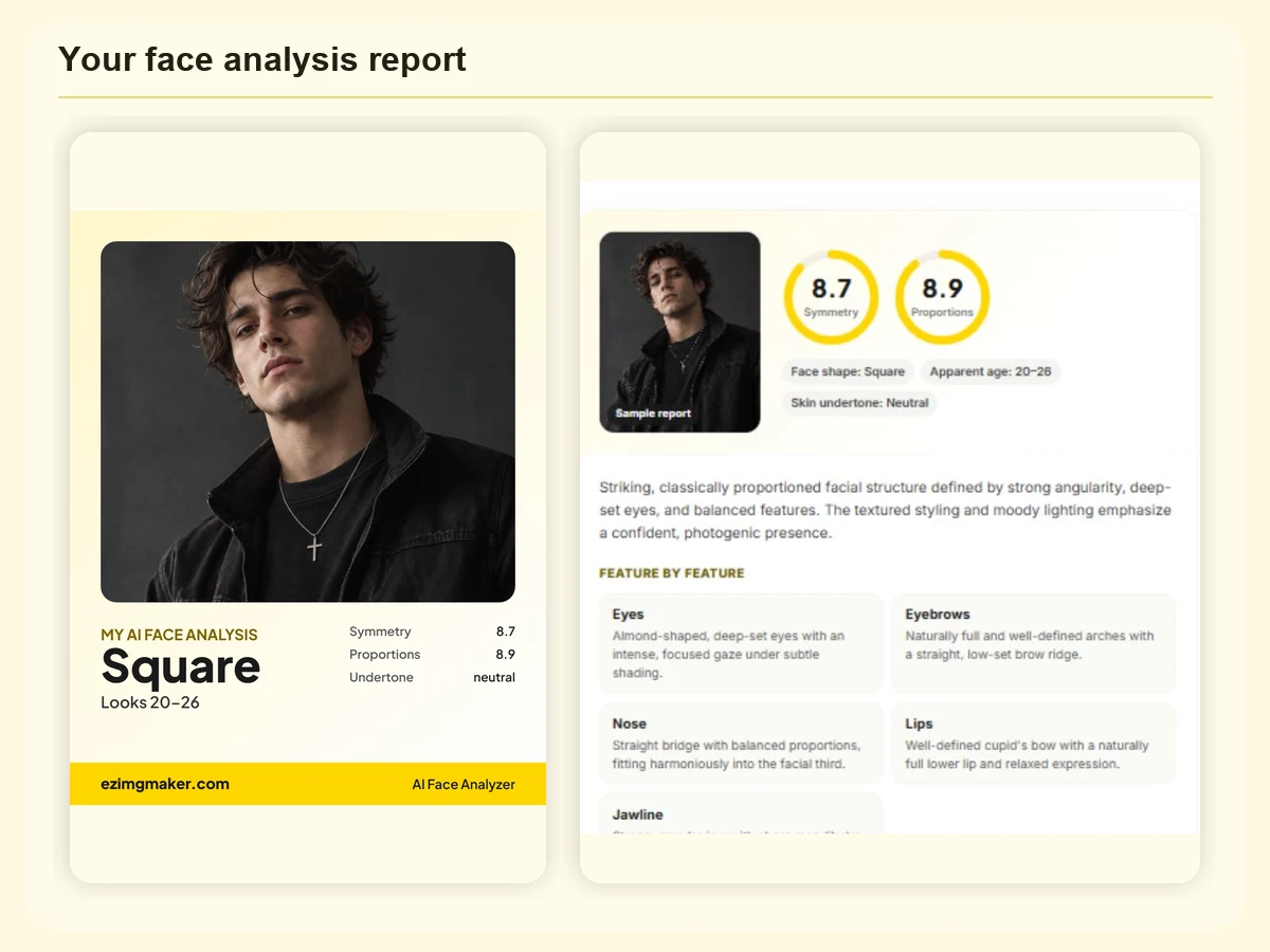 AI face analyzer result card: square face, looks 20 to 26, symmetry 8.7, proportions 8.9, neutral undertone
