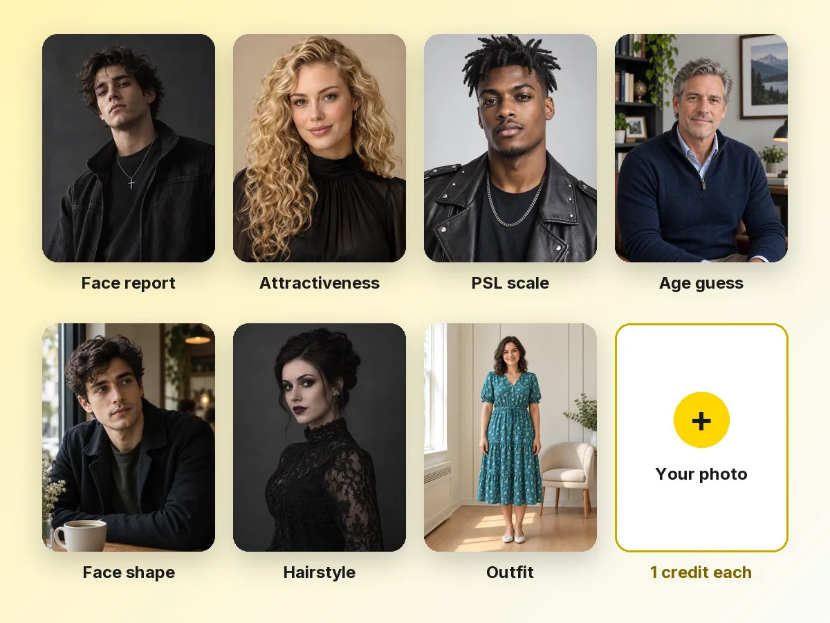 Sample photos for seven AI face analysis tools: face report, attractiveness, PSL scale, age, face shape, hairstyle and outfit