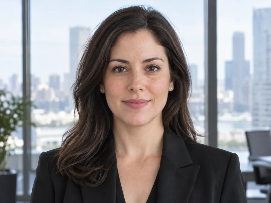 Drag to compare a neutral business headshot with the same woman smiling (after)
