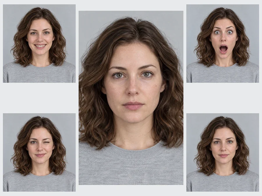 The same woman’s portrait edited into five different facial expressions