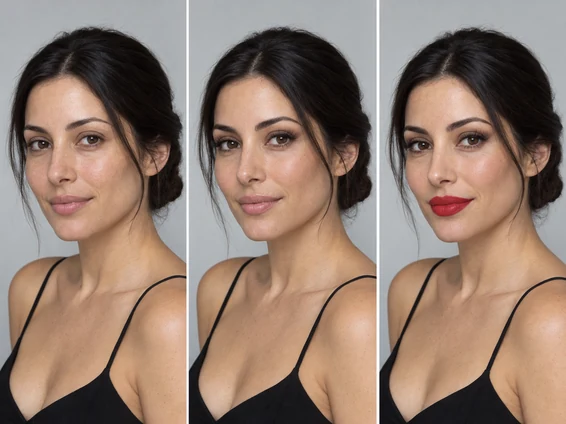 One woman shown with three AI makeup looks: bare skin, soft glam and a red lip