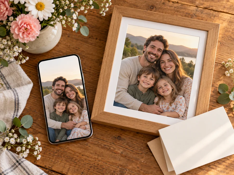 AI family photos for milestones: a family portrait on a phone and in a frame