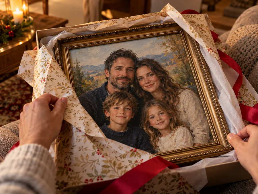Framed AI family portrait unwrapped as a gift