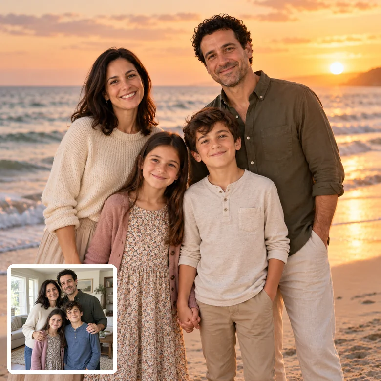 Family selfie restyled by the AI family photo generator into a beach portrait