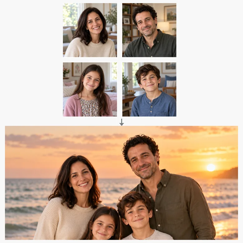 Two separate family photos combined into one AI family portrait on a beach