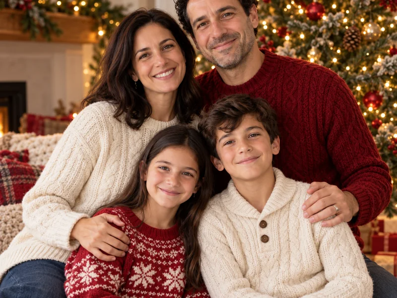 Family in matching red and cream knit sweaters by a Christmas tree