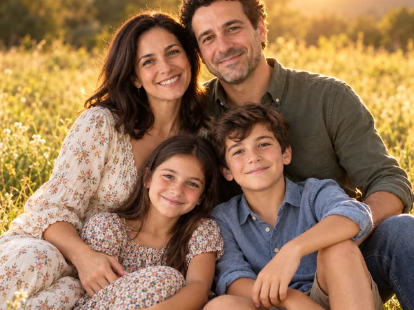 AI family photo of a family of four sitting in a golden meadow at sunset