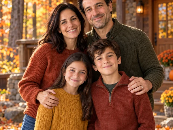 Family in coordinated autumn-colored outfits outdoors among fall leaves