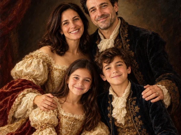 Family portrait turned into a classical oil painting with a dark background