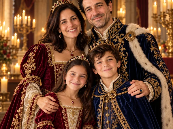 AI family portrait styled as a royal family in a palace hall with crowns