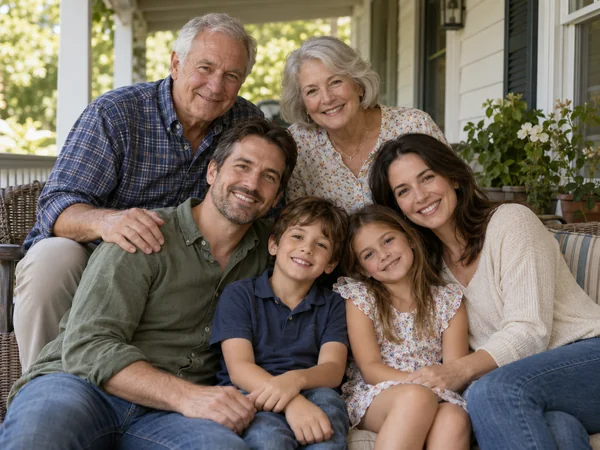 Three generations of one family posed together in a warm AI family picture