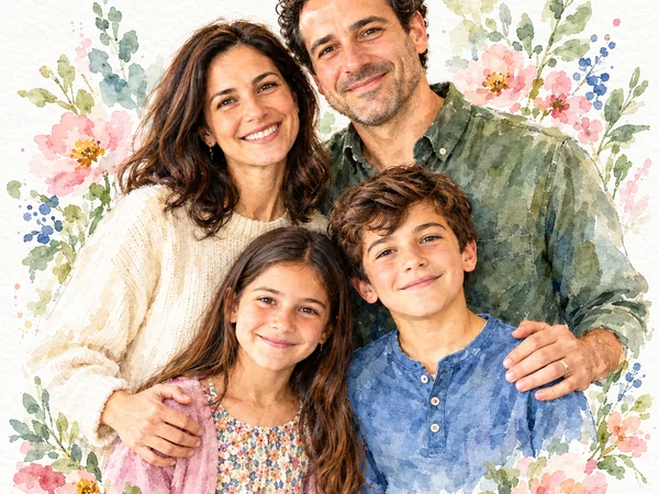 Watercolor AI family portrait of parents and children with floral accents