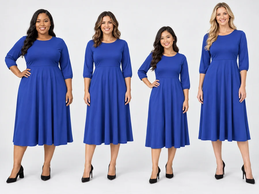 The same blue dress on plus-size, midsize, petite and tall AI female models