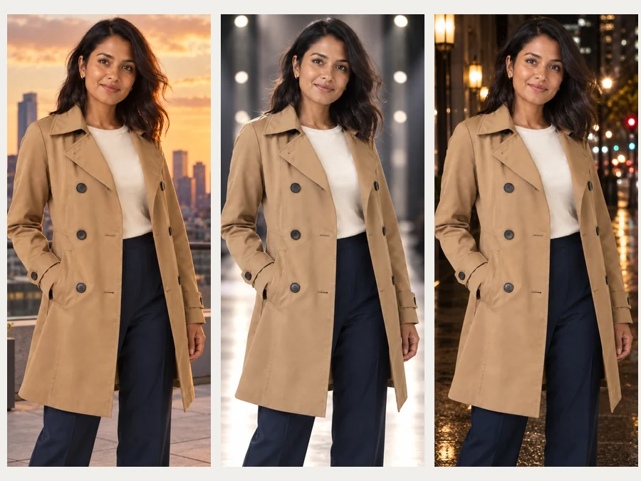One camel trench coat on an AI model in rooftop, runway and night scenes