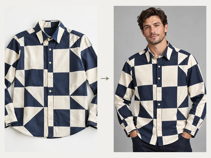 A geometric print shirt as a flat lay, a zoomed print detail, and the same shirt worn by an AI model