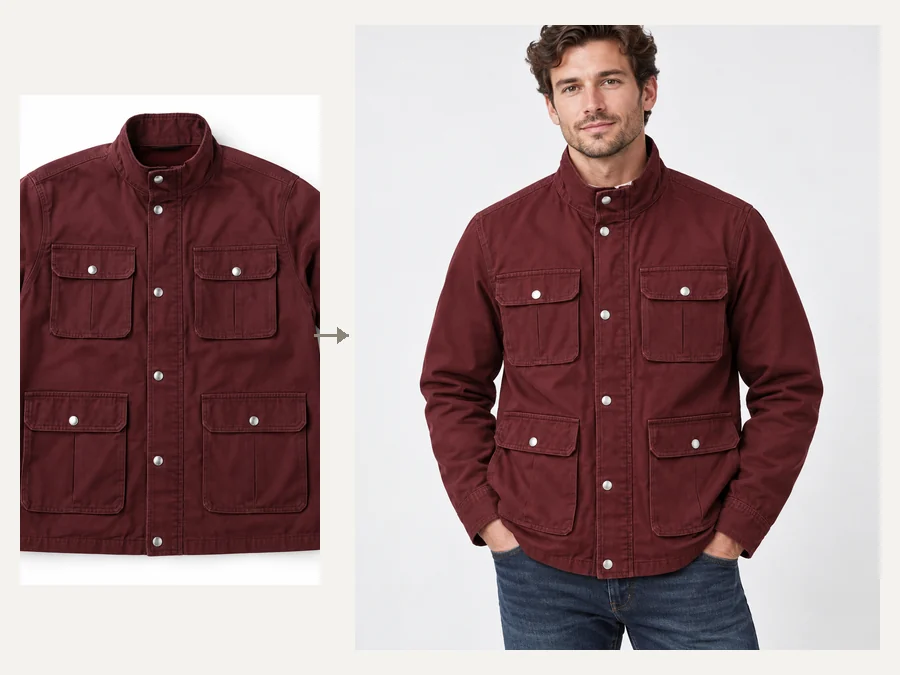 A jacket product photo turned into an AI male model wearing it, shown in a shop listing card