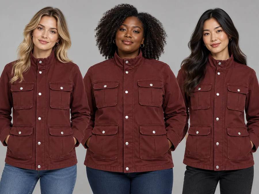 The same burgundy jacket worn by three AI female models with different looks