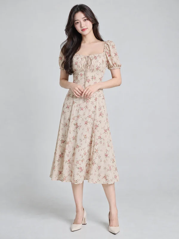 AI female model in a beige floral midi dress and heels in a studio