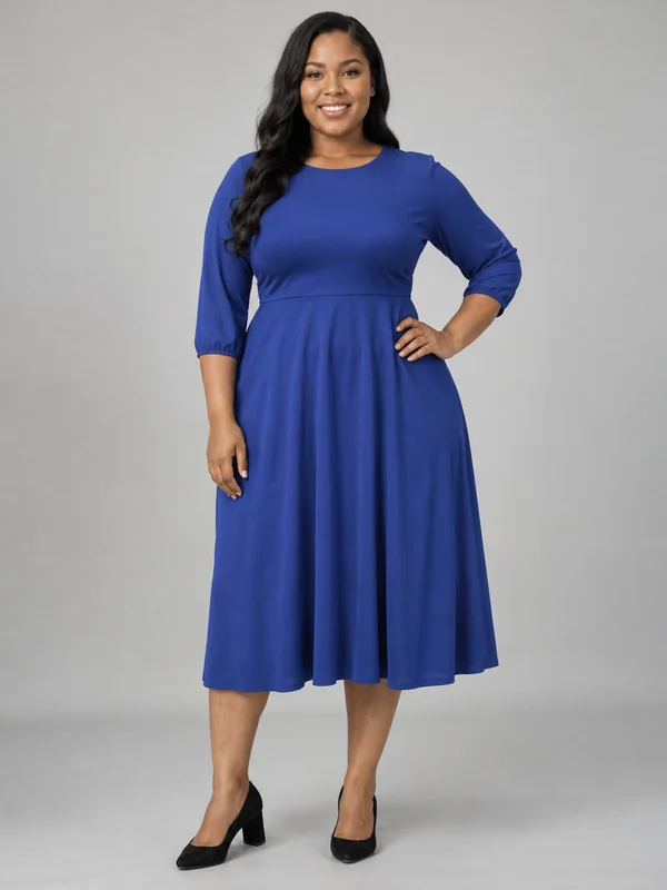 Curvy plus-size AI model in a cobalt blue dress on a gray studio backdrop