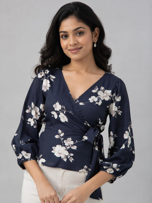Close framing of an AI female model in a navy and white floral wrap top