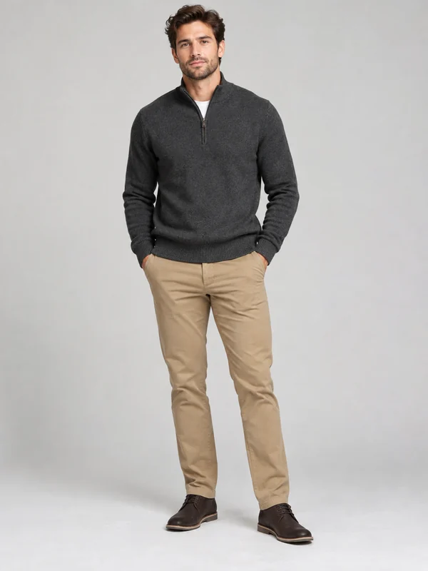 AI male model in a charcoal quarter-zip knit and beige chinos, full body