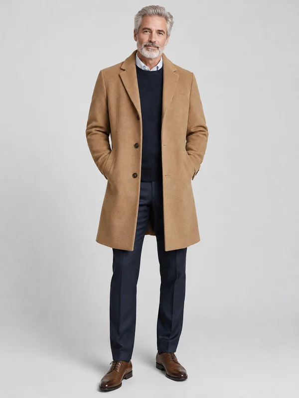 AI generated male model with gray hair in a camel overcoat and navy trousers
