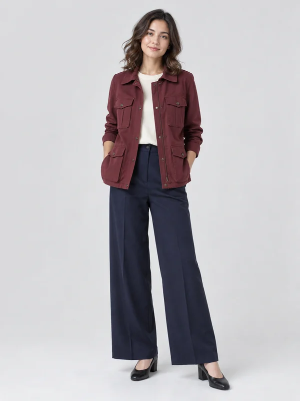 Petite AI female model in a burgundy utility jacket and navy wide trousers