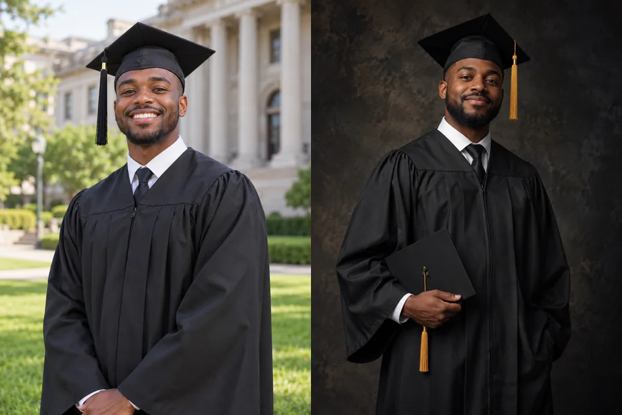 Campus and studio AI graduation photos of two graduates in black caps and gowns