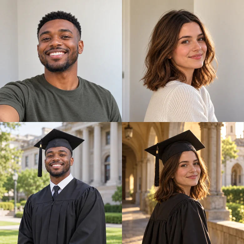 Two casual photos of a man and a woman turned into AI graduation photos with caps