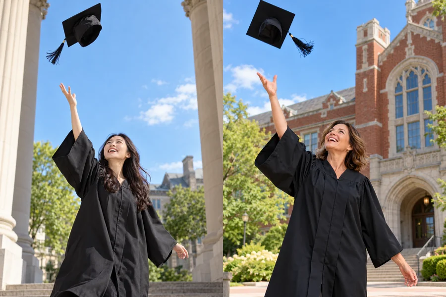 Two AI graduation cap toss photos in front of university buildings
