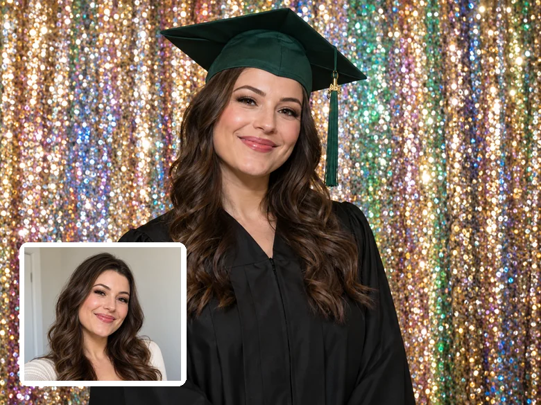 Woman in a blazer turned into a graduation photo with a green cap in front of a glitter backdrop
