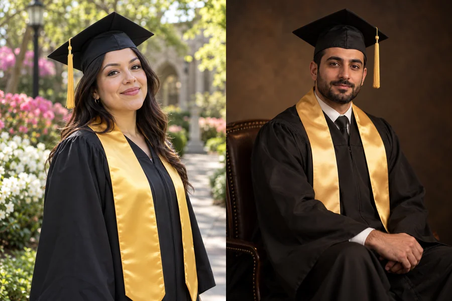 Two graduates wearing gold stoles over black gowns, one outdoors and one in a studio